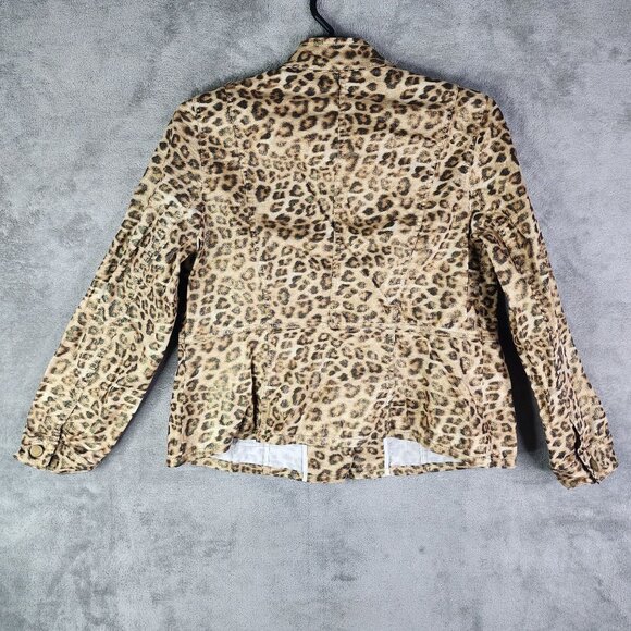 Chico's Brown Leopard Print Jacket Button Up Front Pockets Long Sleeve Size 1 - Picture 9 of 12